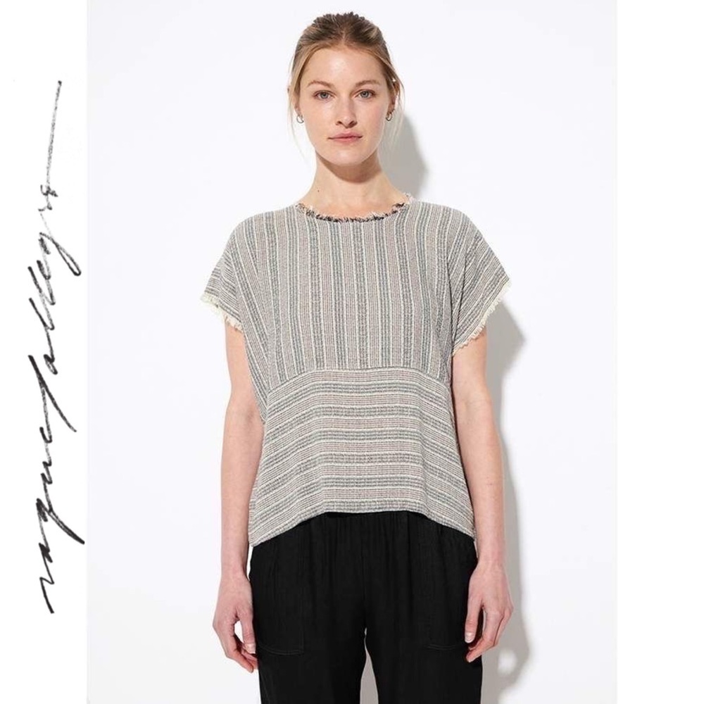 RAQUEL ALLEGRA French Striped Boxy Fray Top Boho Peasant Western Handmade USA M
